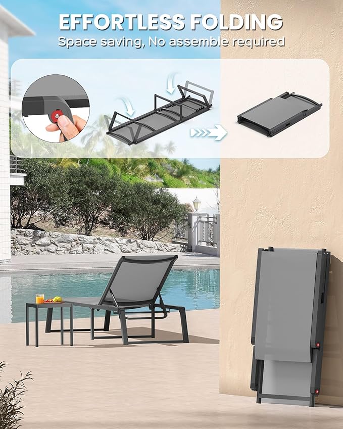 Aluminum Chaise Lounge Chair Outdoor Set of 2, Foldable & No Assembly Pool - Image 3