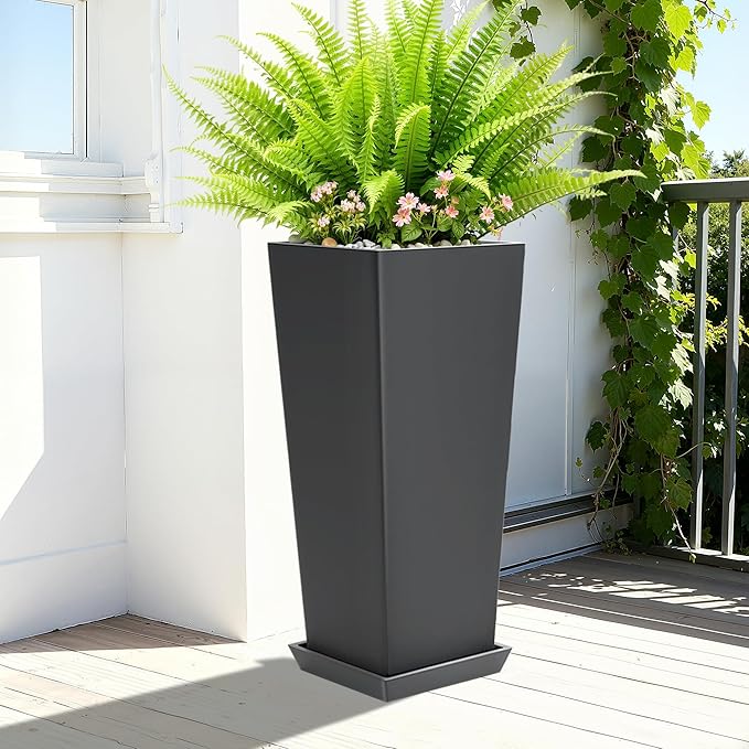 Set of 2 Tall Planters with Drainage Tray, 24 Inch Large Flower Pots - Image 5