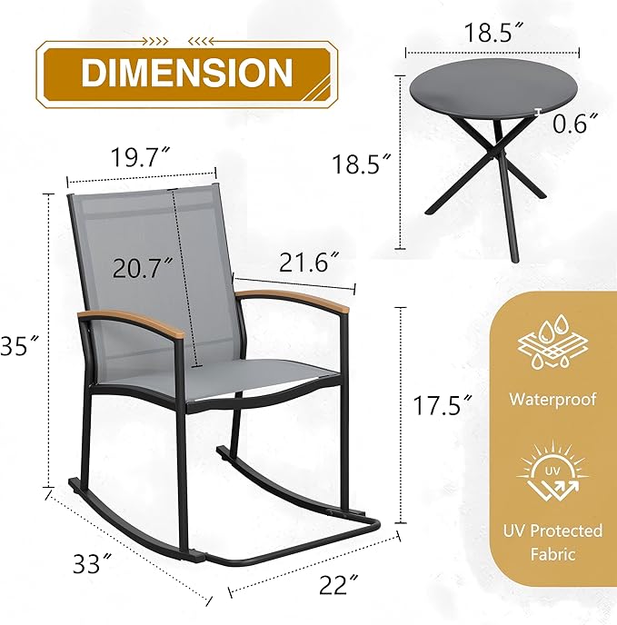Shintenchi 3 Piece Outdoor Rocking Bistro Set, Textilene Fabric Small Patio - Image 6