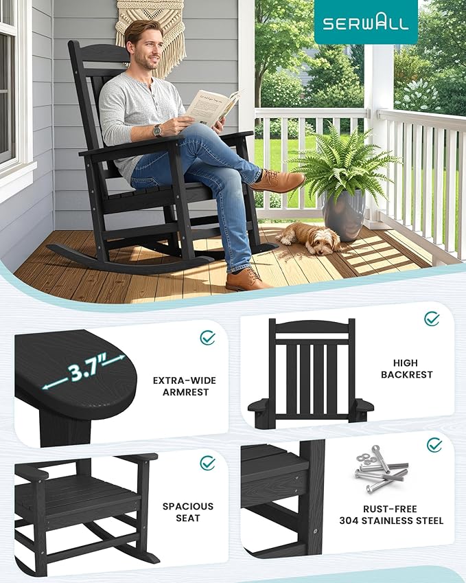 SERWALL HDPE Outdoor Rocking Chair Set of 4, Patio Rocking Chairs, All-Weather - Image 6