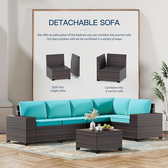 Kullavik 6PCS Outdoor Patio Furniture Set PE Wicker Rattan Sectional Sofa Patio - Image 5