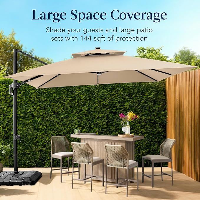 Best Choice Products 12x12ft LED Cantilever Patio Umbrella w/Base Included & - Image 4