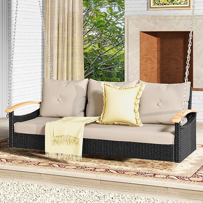 DWVO 3 Seats Porch Swing Hanging Bench Swing Outdoor Wicker Patio Swing Lounge by DWVO