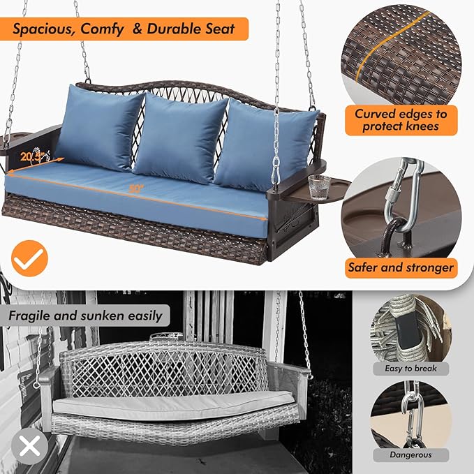 Upgraded Wicker Hanging Porch Swing Heavy Duty 900 LBS 3-Seat Outdoor Patio - Image 6