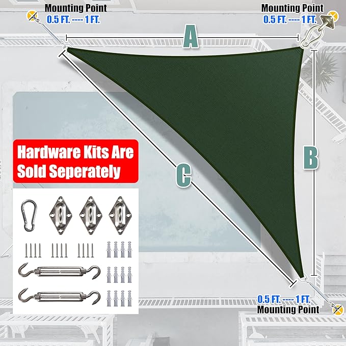 Amgo Custom Size 12' x 12' x 17' Green Right Triangle Sun Shade Sail UPF50+ - Image 8