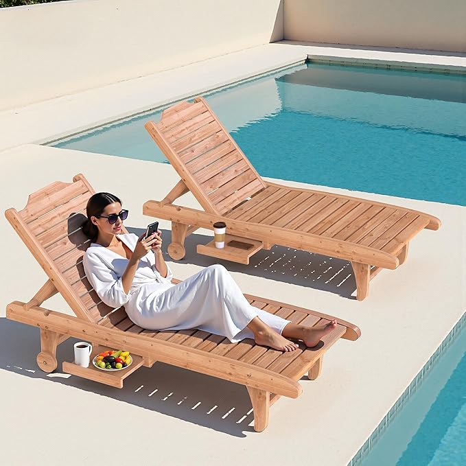Wooden Chaise Lounge Chair, 3-Position Adjustable Outdoor Tanning Chair - Image 2