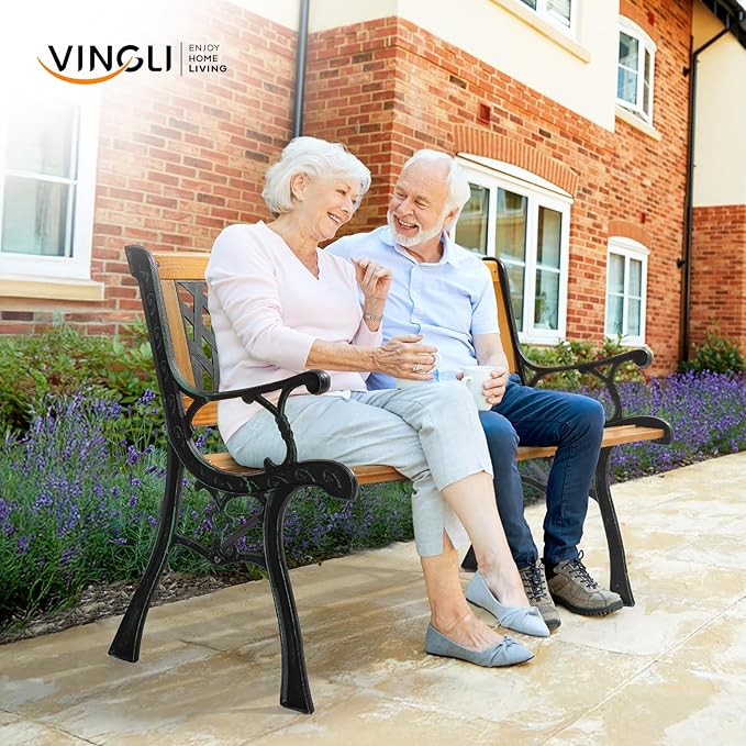 VINGLI Outdoor Bench Metal Garden Bench, Wood Patio Benches w/PVC Backrest Cast - Image 8