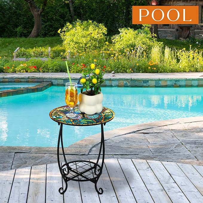 Outdoor Side Table Round Small Mosaic Patio Accent Indoor End Plant Coffee Tea - Image 5