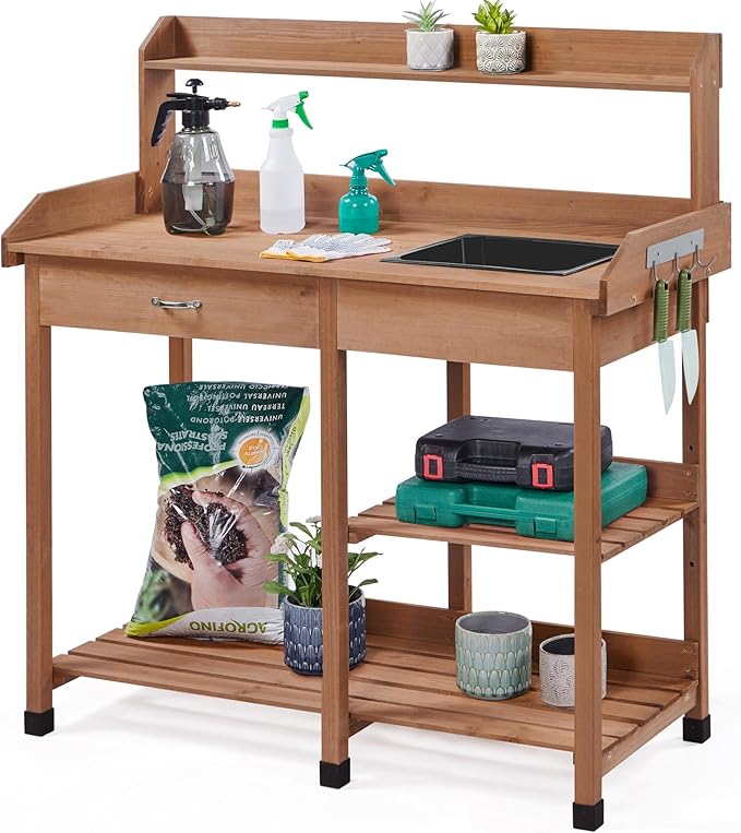 Yaheetech Potting Bench Outdoor Garden Work Bench Station Planting Solid Wood by Yaheetech