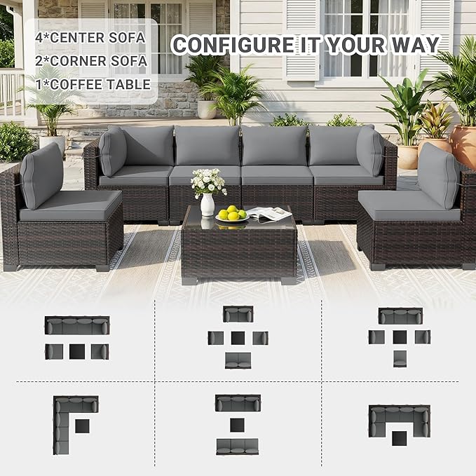 LEVELEVE 7 Pieces Outdoor Patio Furniture Sets, Rattan Conversation Sectional - Image 3