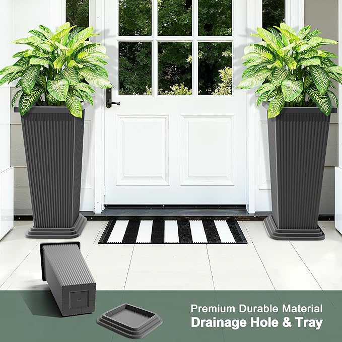 Set of 2 Tall Planters with Drainage Tray, 24 Inch Large Flower Pots - Image 4