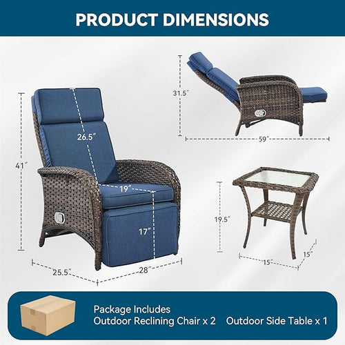 3 Pieces Zero Gravity Wicker Patio Recliner Chairs Set of 2 - Image 2