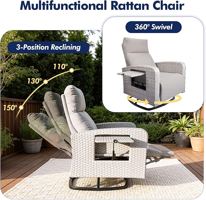 Outdoor Recliner Chair Set of 2, Wicker Patio Recliners - Image 3