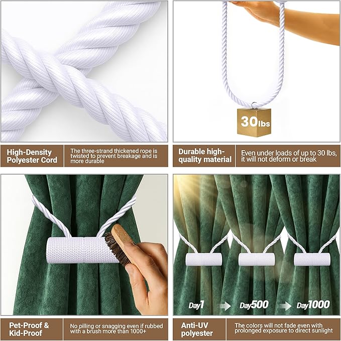 Hion Magnetic Curtain Tiebacks White 4 Pack, Curtain Tiebacks Buckles Holdbacks - Image 3