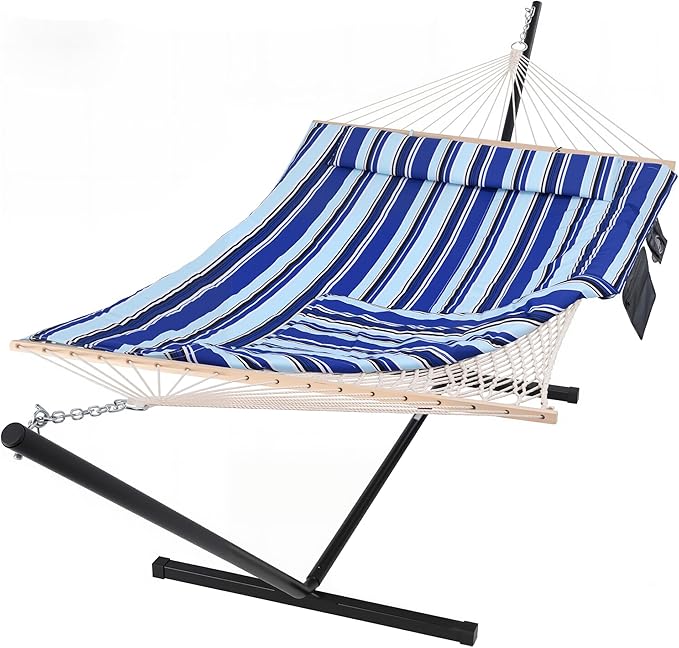 SUNCREAT Double Hammock with Stand, Two Person Cotton Rope Hammock by SUNCREAT