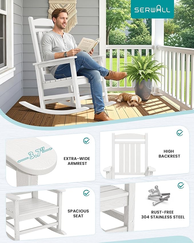 SERWALL Outdoor Rocking Chairs Set of 4, Oversized HDPE Porch Rockers - Image 7