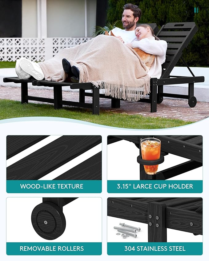 SERWALL Patio Chaise Lounge Chair, HDPE Outdoor Lounge Chair - Image 6