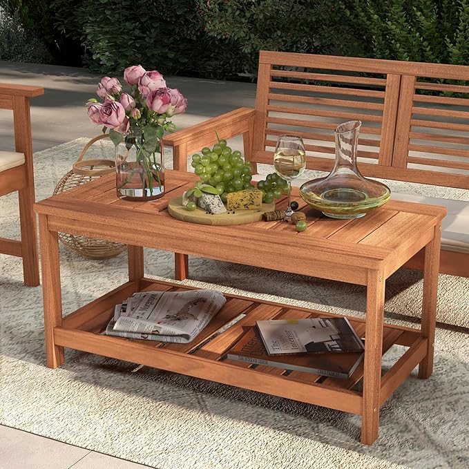 Tangkula Wood Outdoor Coffee Table, 2-Tier Patio Coffee Table - Image 4