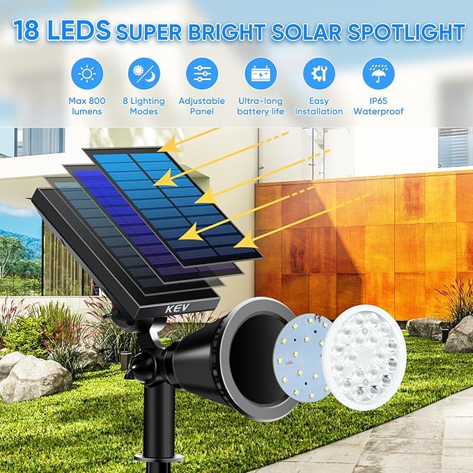 KEV 800 Lumens Solar Spot Lights Outdoor, 18 LEDs Solar Flood Lights - Image 2