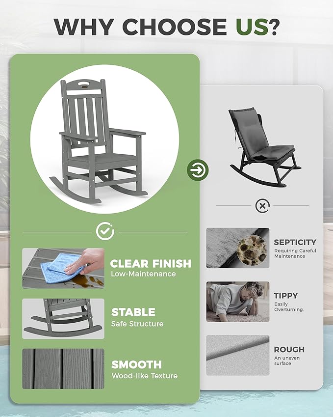 Oversized Outdoor Rocking Chairs Set of 2, High Back Porch Rocker Chair - Image 9