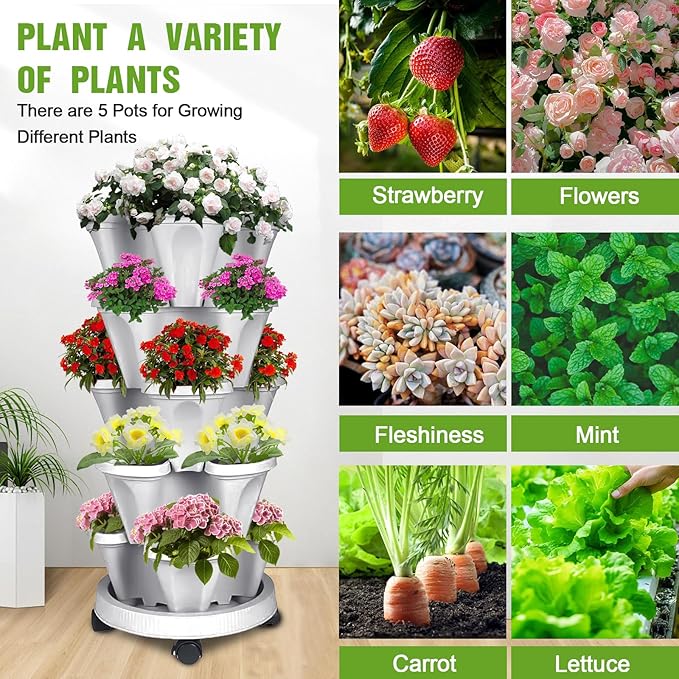 Vertical Strawberry Planter 5 Tier Stackable Tower Herb Planters-Stacking - Image 2