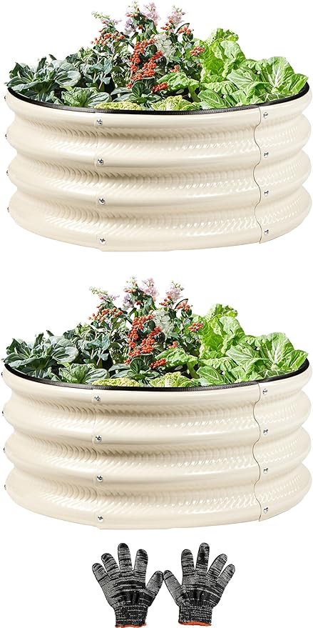 2 Pcs 2x2X1 ft Metal Galvanized Round Raised Garden Bed Kit Outdoor, Cream by Gartist