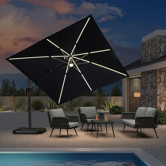 PURPLE LEAF 10 Feet Patio Umbrella Outdoor Cantilever Solar Powered LED Swivel by PURPLELEAF
