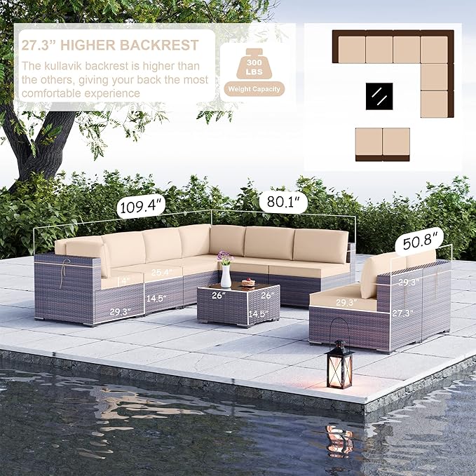 Kullavik 9 Pieces Outdoor Patio Furniture Set PE Wicker Rattan Sectional Sofa - Image 2