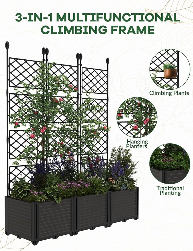 3 PCS Raised Garden Bed with Trellis & Privacy Screen, Flowers on Patio - Image 3