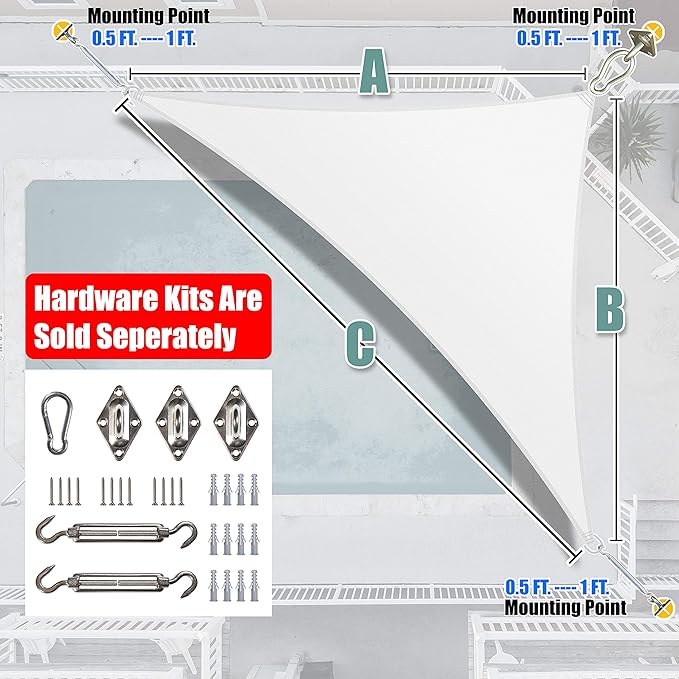 Amgo Custom Size 14' x 23' x 26.9' White Right Triangle Sun Shade Sail UPF50+ - Image 8