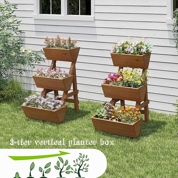 3-Tiers Wooden Raised Garden Bed Planter Box Flower Pots Vertical Garden - Image 2