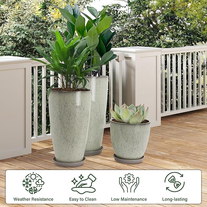 24/21/12 Inch Large Plastic Planter, Lightweight Ceramic-Look Tall Planters - Image 2