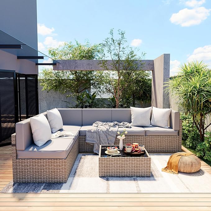 Pamapic 7-Piece Outdoor Sectional Furniture Set, All-Weather Wicker Patio Sofa by Pamapic