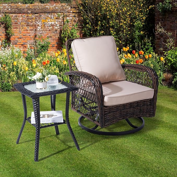 VINGLI Outdoor Side Table with Storage Wicker Patio Side Table, Tempered Glass - Image 7