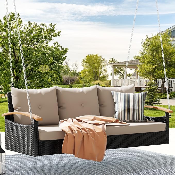 DWVO 3 Seats Porch Swing Hanging Bench Swing Outdoor Wicker Patio Swing Lounge - Image 6