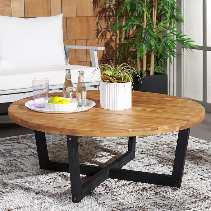 SAFAVIEH Outdoor Collection Leo Natural/Black 4-Leg Round Coffee Table - Image 2