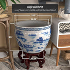 Red Lantern 18" Porcelain Fishbowl Blue & White Landscape Planter - Image 4