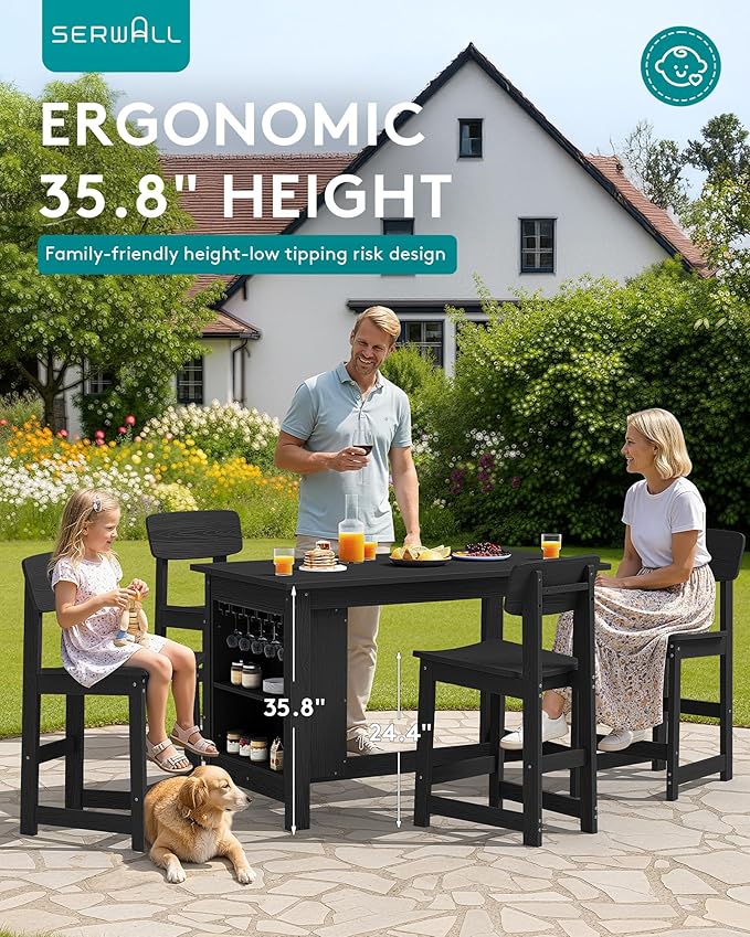 SERWALL Outdoor Bar Table and Chairs Set, 5-Piece HDPE Counter Height Patio - Image 3