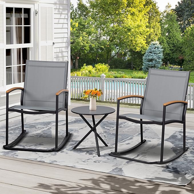 Shintenchi 3 Piece Outdoor Rocking Bistro Set, Textilene Fabric Small Patio - Image 7