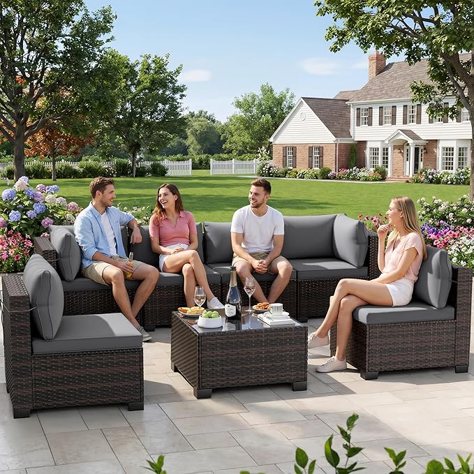 LEVELEVE 7 Pieces Outdoor Patio Furniture Sets, Rattan Conversation Sectional by Enjoyyourlife