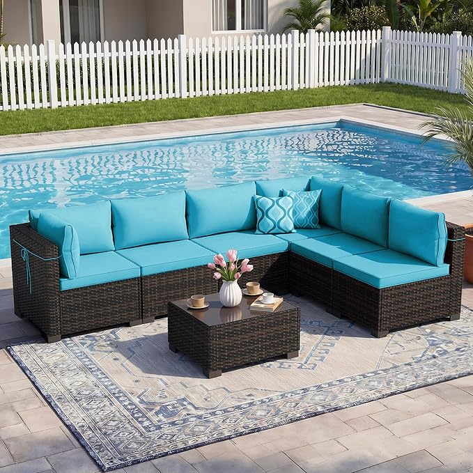LEVELEVE 7 Pieces Outdoor Patio Furniture Sets, Rattan Conversation Sectional - Image 7