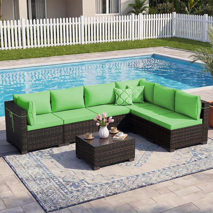 LEVELEVE 7 Pieces Outdoor Patio Furniture Sets, Rattan Conversation Sectional - Image 7