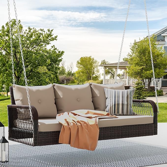 DWVO 3 Seats Porch Swing Hanging Bench Swing Outdoor Wicker Patio Swing Lounge by DWVO