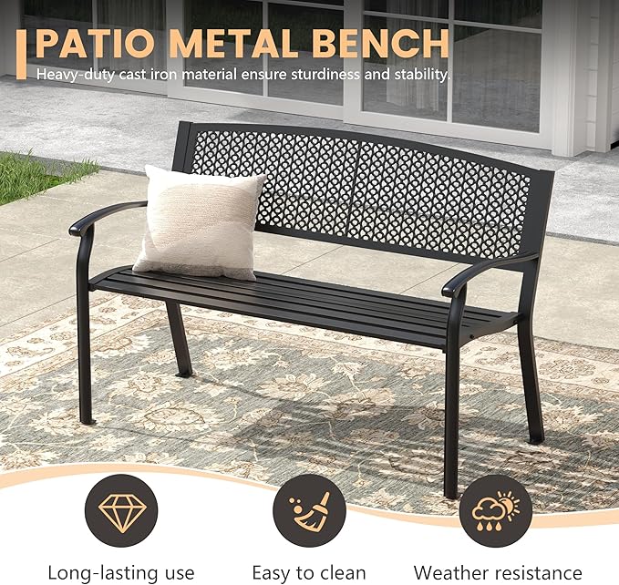 50.4" Garden Bench, Metal Outdoor Bench - Image 4