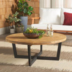 SAFAVIEH Outdoor Collection Leo Natural/Black 4-Leg Round Coffee Table - Image 9