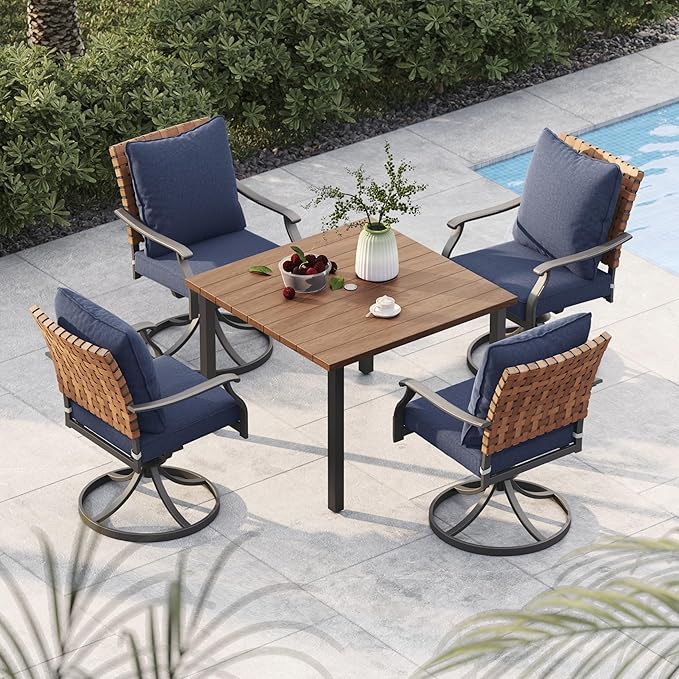 Grand patio 5-Piece Outdoor Dining Set, 4 Leather-Look Wicker Swivel Blue Patio by GrandPatio