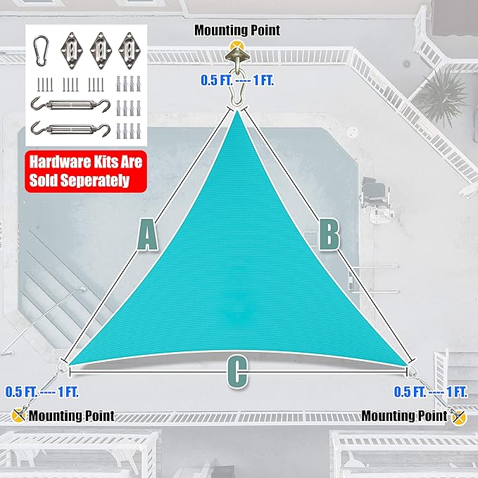 Amgo 20' x 20' x 20' Turquoise Triangle Sun Shade Sail UPF50+ Canopy Awning - Image 7