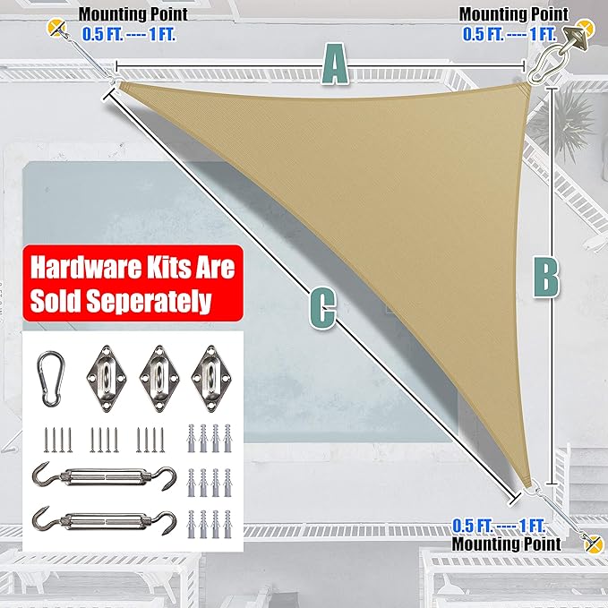 Amgo Custom Size 16' x 16' x 22.6' Sand Beige Right Triangle Sun Shade Sail - Image 8