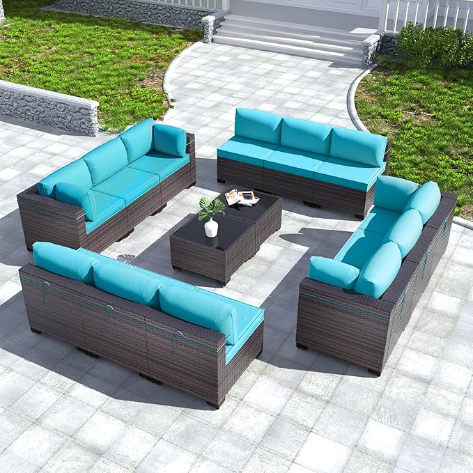Kullavik 14 Pieces Outdoor Patio Furniture Set PE Wicker Rattan Sectional Sofa by KULLAVIK