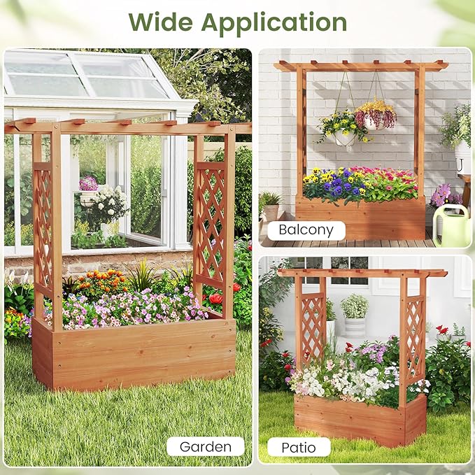 Giantex Raised Garden Bed with 2-Sided Trellis & Hanging Roof, Fir Wood Planter - Image 7